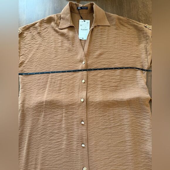 ZARA Textured Maxi Shirt Dress Belted Gold Button Light Brown Size XL NWT - Picture 10 of 13